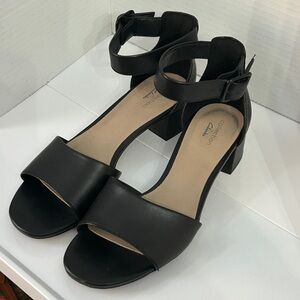 Clarks Elisa Dedra Sandals 7.5 Black Block Heel Ankle Strap Open Toe